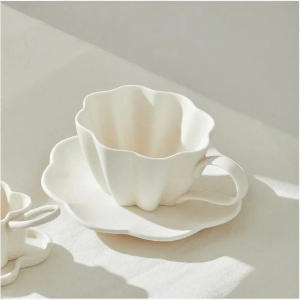 Flower Cup and Saucer Artisanal Porcelain Handmade White Tea Cup